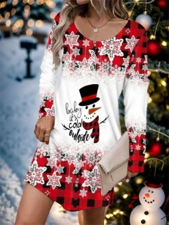 Women's Casual Dress Christmas Dress T Shirt Dress Tee Dress Plaid Snowman Print V Neck Mini Dress Fashion Streetwear Outdoor Christmas Long Sleeve Loose Fit Red Blue Green Fall S M L XL XXL