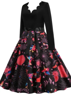 Women's Christmas Casual Dress Swing Dress Vintage Dress Midi Dress Black Wine Orange Long Sleeve Animal Bow Winter Fall Autumn V Neck 2022 S M L XL XXL 3XL -Fashion Life Shop ltqoei1666853153922