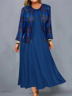 Women's Christmas Plus Size Curve Casual Dress Dress Set Two Piece Dress Plaid Midi Dress Long Sleeve Print Crew Neck Fashion Outdoor Wine Blue Fall Winter L XL XXL 3XL 4XL -Fashion Life Shop lttihv1697170155520