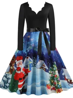 Women's Christmas Swing Dress Vintage Dress Midi Dress Green Blue Purple Long Sleeve Santa Claus Bow Winter Fall Autumn V Neck Fashion Daily Date 2022 S M L XL XXL 3XL -Fashion Life Shop luketg1667894683781
