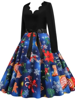 Women's Christmas Swing Dress Vintage DressKnee Length Dress Blue Red Navy Blue Black Long Sleeve Plaid Santa Claus Elk Bow Print Fall Winter V Neck Vacation Vintage 2022 S M L XL XXL 3XL -Fashion Life Shop lvfido1665293394134
