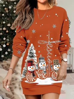 Women's Christmas Casual Dress Sweatshirt Dress Mini Dress Warm Fashion OutdoorVacation Crew Neck Print SnowmanTree Loose Fit Black Yellow Burgundy S M L XL XXL -Fashion Life Shop lvkvxc1695641907170