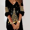 Women's Christmas Sweatshirt Dress Shift Dress Mini Dress Gold 3/4 Length Sleeve Tree Print Winter Fall V Neck Vacation Casual 2022 S M L XL XXL 3XL