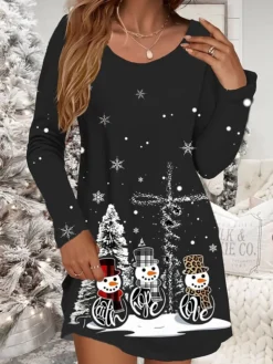 Women's Casual Dress Christmas Dress Winter Dress Snowman Christmas Tree Print V Neck Mini Dress Fashion Streetwear Outdoor Christmas Long Sleeve Loose Fit Black White Wine Fall Winter S M L XL XXL -Fashion Life Shop lwbdej1697016816734