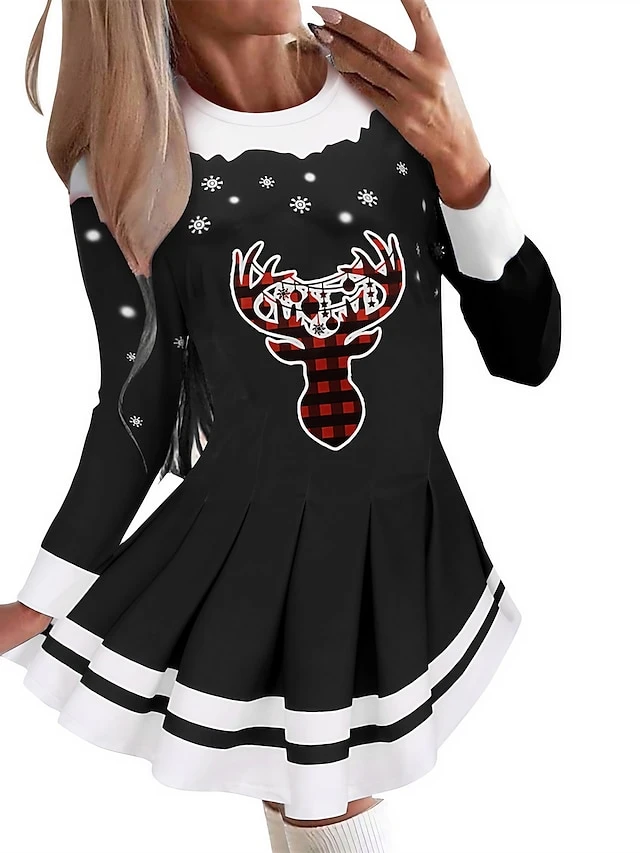 Women's Christmas Swing Dress Blue Red Black Long Sleeve Elk Snowflake Pleated Print Winter Fall Crew Neck Stylish Romantic Fall Dress Loose Fit 2022 S M L XL XXL / Winter Dress 1 Women's Christmas Swing Dress Blue Red Black Long Sleeve Elk Snowflake Pleated Print Winter Fall Crew Neck Stylish Romantic Fall Dress Loose Fit 2022 S M L XL XXL / Winter Dress