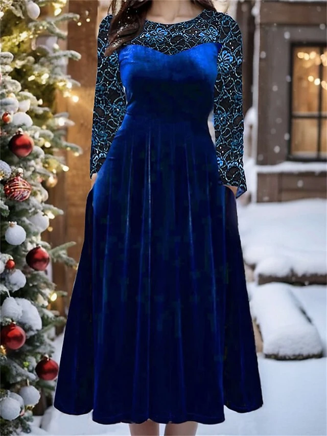 Women's Christmas Dress Velvet Dress Winter Dress Midi Dress Pocket Outdoor Christmas Street Fashion Elegant Crew Neck Long Sleeve 2023 Regular Fit Blue Color S M L XL XXL Size 1 Women's Christmas Dress Velvet Dress Winter Dress Midi Dress Pocket Outdoor Christmas Street Fashion Elegant Crew Neck Long Sleeve 2023 Regular Fit Blue Color S M L XL XXL Size