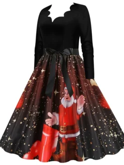 Women's Christmas Party Dress Swing DressKnee Length Dress Green Purple Wine Red Black Long Sleeve Santa Claus Elk Snowman Print Fall Winter V Neck Vintage Party Elegant Party 2022 S M L XL XXL 3XL -Fashion Life Shop lxtoqf1665475509018