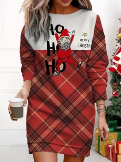 Women's Christmas Casual Dress Sweatshirt Dress Mini Dress Warm Fashion Outdoor Vacation Crew Neck Print Santa Claus Loose Fit ArmyGreen Light Green Wine S M L XL XXL -Fashion Life Shop lyaxwp1695377420857