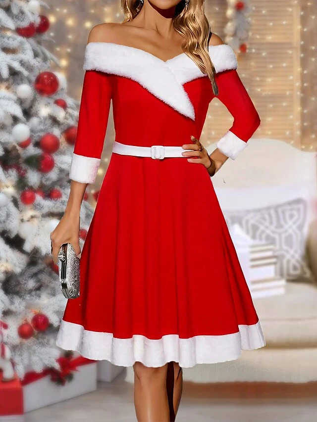 Women's Christmas Dress Winter Dress Casual Dress Midi Dress Patchwork With Belt Christmas Daily Date Fashion Streetwear Off Shoulder 3/4 Length Sleeve 2023 Regular Fit Burgundy Color S M L XL XXL 1 Women's Christmas Dress Winter Dress Casual Dress Midi Dress Patchwork With Belt Christmas Daily Date Fashion Streetwear Off Shoulder 3/4 Length Sleeve 2023 Regular Fit Burgundy Color S M L XL XXL