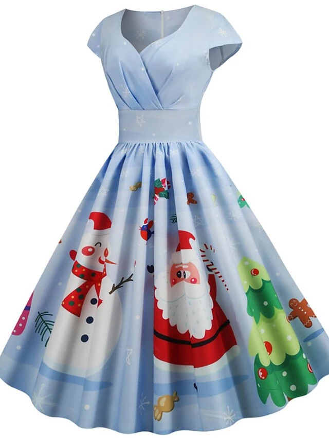Women's Christmas Knee Length Dress Blue Dusty Blue Royal Blue Black Red Navy Blue Dark Blue Light Blue Short Sleeve Print Print Fall Winter V Neck Casual Vintage2021 S M L XL XXL 3XL 2 Women's Christmas Knee Length Dress Blue Dusty Blue Royal Blue Black Red Navy Blue Dark Blue Light Blue Short Sleeve Print Print Fall Winter V Neck Casual Vintage2021 S M L XL XXL 3XL - Image 2