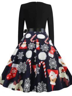 Women's Christmas Swing DressKnee Length Dress Black And White White Light Red Gold Red Long Sleeve Elk Snowman Bell Bow Print Fall Winter Round Neck Vintage Elegant 2022 S M L XL 2XL -Fashion Life Shop mbtaww1663049824489