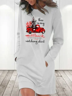 Women‘s Christmas Hoodie Dress Winter DressShort Mini Dress Light Blue Grey White Long Sleeve Letter Print Pocket Print Fall Winter Crew Neck Stylish Casual 2022 S M L XL 2XL / Cotton -Fashion Life Shop mcerix1665663113746