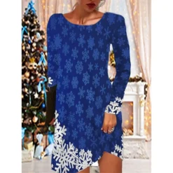 Women's Christmas Casual Dress T Shirt Dress Tee Dress Mini Dress Black Blue Red Long Sleeve Tree Snowflake Pocket Print Winter Fall Crew Neck Vacation Casual 2022 S M L XL XXL 3XL -Fashion Life Shop mcypds1667287117659