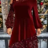 Women's Christmas Dress Velvet Dress Casual Dress Mini Dress Patchwork Cold Shoulder Christmas Street Vacation Fashion Streetwear V Neck Long Sleeve 2023 Regular Fit Wine Color S M L XL XXL Size
