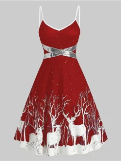 Women's Casual Dress Christmas Dress Winter Dress Leopard Deer Ruched Backless Strap Midi Dress Fashion Streetwear Outdoor Christmas Sleeveless Regular Fit Black Red Green Fall Winter S M L XL XXL -Fashion Life Shop mefgln1695025210792