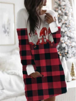 Women's Christmas Hoodie Dress Winter Dress Mini Dress Wine Fuchsia Red Navy Blue Long Sleeve Plaid Elk Tree Pocket Print Winter Fall Hooded Casual Loose Fit 2022 S M L XL XXL 3XL