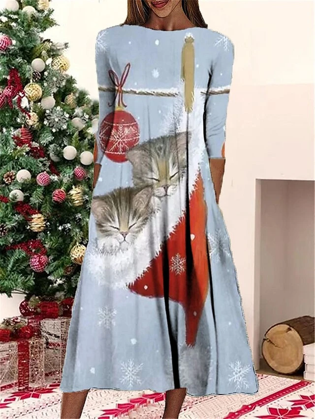 Women's Christmas Casual Dress Shift Dress Midi Dress Blue Light Green Dark Blue 3/4 Length Sleeve Elk Ruched Winter Fall Autumn Fashion Daily 2022 S M L XL XXL 3XL 3 Women's Christmas Casual Dress Shift Dress Midi Dress Blue Light Green Dark Blue 3/4 Length Sleeve Elk Ruched Winter Fall Autumn Fashion Daily 2022 S M L XL XXL 3XL - Image 3