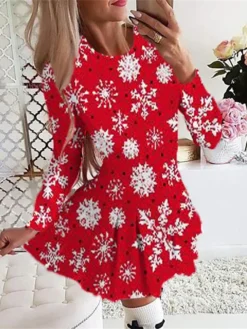 Women's Christmas Swing DressShort Mini Dress Light Pink Green Blue Red Light Blue Long Sleeve Plaid Santa Claus Tree Pleated Print Fall Winter Crew Neck Stylish Romantic -Fashion Life Shop mgollt1665485244480