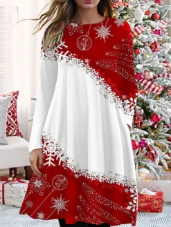 Women's Casual Dress Christmas Dress T Shirt Dress Tee Dress Snowflake Pocket Print Crew Neck Midi Dress Fashion Streetwear Outdoor Christmas Long Sleeve Regular Fit Red Blue Fall Winter S M L XL XXL