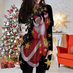 Women's Christmas T Shirt Dress Tee Dress Shift Dress Black Long Sleeve Animal Pocket Print Winter Fall V Neck Basic Casual Fall Dress Loose Fit S M L XL XXL 3XL / Winter Dress -Fashion Life Shop mhgjbt1668235966530