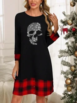 Women's Casual Dress Plaid Dress Winter Dress Heart Abstract Patchwork Button Crew Neck Midi Dress Active Fashion Outdoor Christmas Long Sleeve Loose Fit Black And White Black White Fall Winter S M L