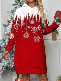 Women's Casual Dress Hoodie Dress Mini Dress Warm Fashion Outdoor Christmas Holiday Hoodie Print Snowflake Loose Fit Red Navy Blue Blue S M L XL XXL