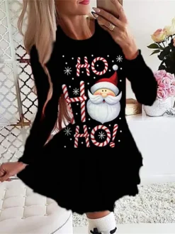 Women's Christmas Swing DressShort Mini Dress Green Dark Blue Red Gray Black Long Sleeve Letter Santa Claus Snowman Pleated Print Fall Winter Crew Neck Stylish Romantic 2022 S M L -Fashion Life Shop misfcb1665485241606