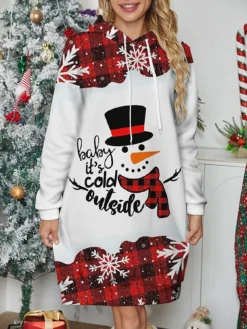 Women's Casual Dress Hoodie Dress Mini Dress Warm Fashion Outdoor Christmas Holiday Hoodie Print Snowman Snowflake Loose Fit White S M L XL XXL