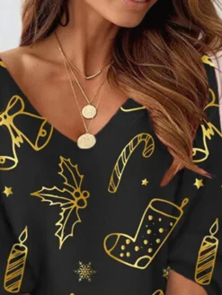 Women's Christmas Sweatshirt Dress Shift Dress Mini Dress Gold 3/4 Length Sleeve Christmas Bell Print Winter Fall Autumn V Neck Fashion Christmas Loose Fit 2022 S M L XL XXL 3XL -Fashion Life Shop mjdylb1667793099507