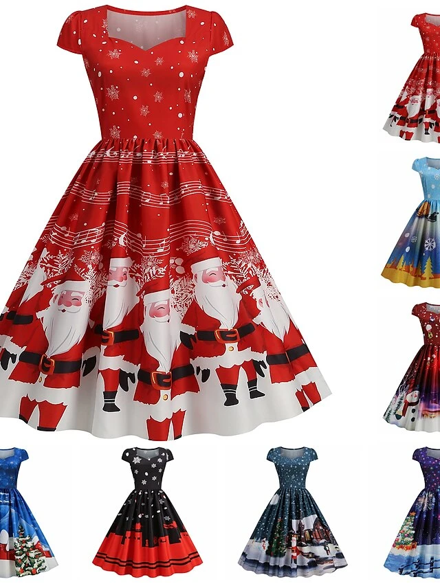 Women's Christmas Swing Dress Vintage DressKnee Length Dress Blue Wine Red Light BlueShort Sleeve Santa Claus Snowman Tree Print Fall Winter Square Neck Vintage Elegant Slim 2022 S M L XL 1 Women's Christmas Swing Dress Vintage DressKnee Length Dress Blue Wine Red Light BlueShort Sleeve Santa Claus Snowman Tree Print Fall Winter Square Neck Vintage Elegant Slim 2022 S M L XL