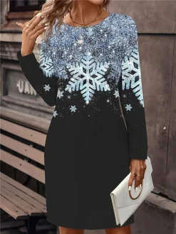 Women's Christmas Dress Casual Dress Mini Dress Active Fashion Outdoor Christmas Holiday Crew Neck Print Snowflake Loose Fit Silver Blue Gold S M L XL XXL -Fashion Life Shop mjvdro1697108830209