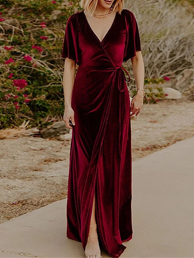 Women's Christmas Dress Casual Dress Velvet Dress Long Dress Maxi Dress Lace Up Split Outdoor Christmas Daily Fashion Elegant V Neck Short Sleeve 2023 Regular Fit Black Wine Gold Color S M L XL XXL 4 Women's Christmas Dress Casual Dress Velvet Dress Long Dress Maxi Dress Lace Up Split Outdoor Christmas Daily Fashion Elegant V Neck Short Sleeve 2023 Regular Fit Black Wine Gold Color S M L XL XXL - Image 4