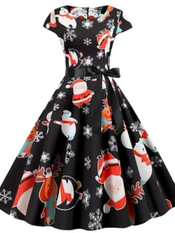 Women's Christmas Knee Length Dress Purple Wine Gray White Black Red Light Green Short Sleeve Print Bow Print Fall Winter Round Neck Casual Vintage2021 S M L XL XXL -Fashion Life Shop mkfhfd1630046094142