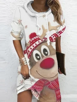 Women's Christmas Hoodie Dress Winter Dress Mini Dress Wine White Long Sleeve Elk Snowman Print Winter Fall Hooded Vacation Casual 2022 S M L XL XXL 3XL