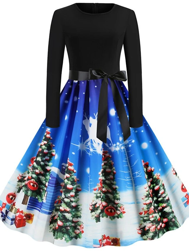 Women's Christmas Knee Length Dress Blue Purple Wine Gray Green Black Red Light Blue Long Sleeve Print Bow Print Fall Winter Round Neck Casual Vintage2021 S M L XL XXL 2 Women's Christmas Knee Length Dress Blue Purple Wine Gray Green Black Red Light Blue Long Sleeve Print Bow Print Fall Winter Round Neck Casual Vintage2021 S M L XL XXL - Image 2