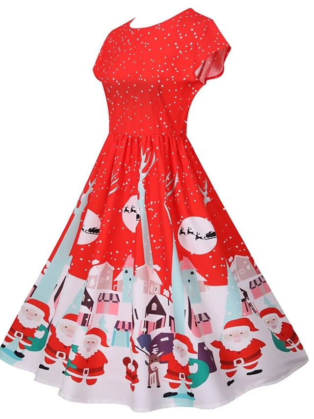 Women's Christmas Knee Length Dress Green Black Red Short Sleeve Print Print Fall Winter Round Neck Casual Vintage2021 S M L XL XXL 2 Women's Christmas Knee Length Dress Green Black Red Short Sleeve Print Print Fall Winter Round Neck Casual Vintage2021 S M L XL XXL - Image 2