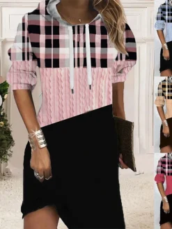 Women‘s Christmas Hoodie Dress Shift Dress Mini Dress Blue Pink Fuchsia Long Sleeve Plaid Print Fall Spring Hooded Daily Vacation Loose Fit 2022 S M L XL XXL 3XL