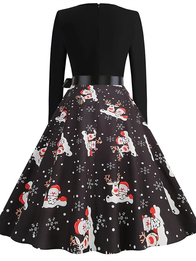 Women's Christmas Vintage Dress Midi Dress Black And White Green Black Long Sleeve Santa Claus Bow Winter Fall Autumn Square Neck Stylish Christmas Vacation 2022 S M L XL XXL 3XL 4 Women's Christmas Vintage Dress Midi Dress Black And White Green Black Long Sleeve Santa Claus Bow Winter Fall Autumn Square Neck Stylish Christmas Vacation 2022 S M L XL XXL 3XL - Image 4