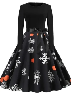 Women's Christmas Swing DressKnee Length Dress Black And White White Light Red Gold Red Long Sleeve Elk Snowman Bell Bow Print Fall Winter Round Neck Vintage Elegant 2022 S M L XL 2XL -Fashion Life Shop mmpxrq1634125864922
