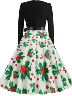 Women's Christmas Retro 1950s Vintage Dress Midi Dress Party Ruched Bow Fruit V Neck Long Sleeve Regular Fit Fall Winter 2023 Deep Green Black S M L XL -Fashion Life Shop mmtair1695363826853