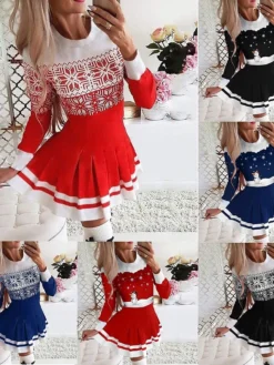 Women's Christmas Casual Dress Swing DressShort Mini Dress Black And White Blue Dark Blue Red White Black Long Sleeve Snowman Abstract Snowflake Pleated Print Fall Winter Round Neck Fashion Casual