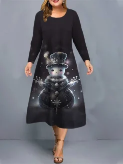 Women's Plus Size Curve Christmas Dress Casual Dress Skater Dress Snowman Christmas Tree Midi Dress Long Sleeve Print Crew Neck Fashion Outdoor Black Wine Fall Winter L XL XXL 3XL 4XL