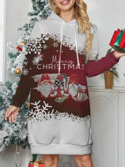 Women's Christmas Casual Dress Hoodie Dress Mini Dress Warm Fashion OutdoorHoliday V Neck Print Santa Claus Snowman Snowflake Loose Fit Black Wine Gray S M L XL XXL -Fashion Life Shop morqnk1695722032367