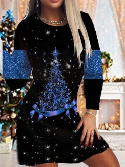 Women's Christmas Sheath Dress Print Dress Mini Dress Green Blue Purple Pink Gold Long Sleeve Print Print Winter Fall Crew Neck Fashion Modern 2022 S M L XL 2XL 3XL 4XL 5XL 6XL