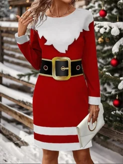 Women's Christmas Dress Casual Dress Mini Dress Active Fashion Outdoor Christmas Holiday Crew Neck Print Santa Claus Loose Fit Wine S M L XL XXL