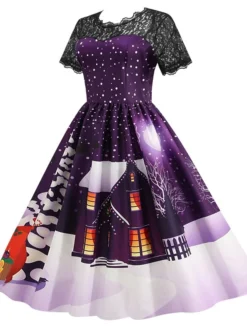 Women's Christmas Knee Length Dress Blue Purple Wine Green Black Red Short Sleeve Print Lace Print Fall Winter Round Neck CasualRegular Fit 2021 S M L XL XXL 3XL -Fashion Life Shop mqcjtm1632737573121