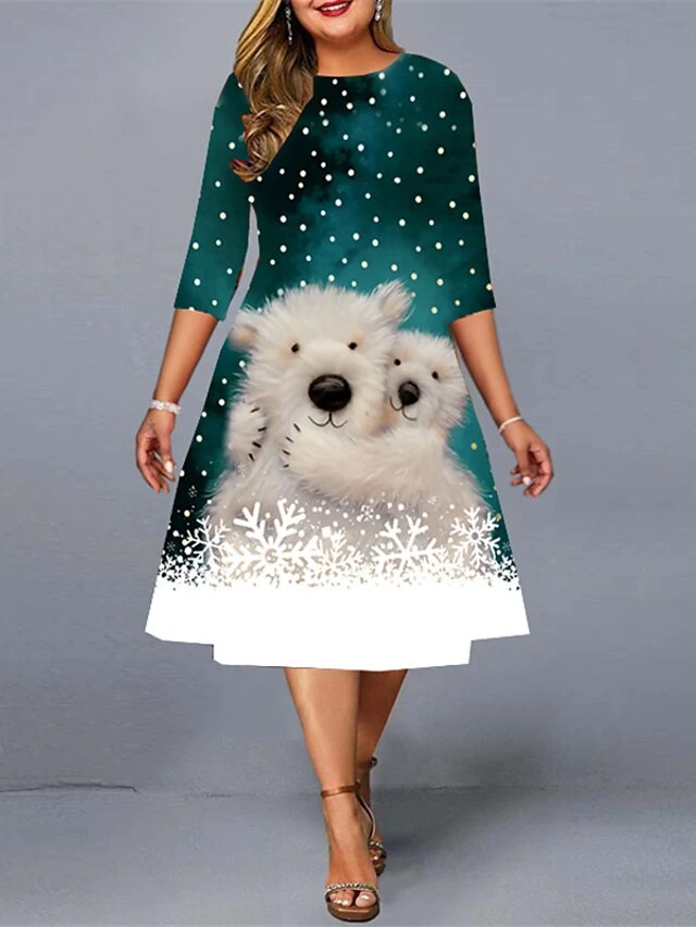 Women‘s Christmas Plus Size Work Dress Animal Crew Neck Print 3/4 Length Sleeve Fall Spring Elegant Midi Dress Work Going Out Dress 2 Women‘s Christmas Plus Size Work Dress Animal Crew Neck Print 3/4 Length Sleeve Fall Spring Elegant Midi Dress Work Going Out Dress - Image 2