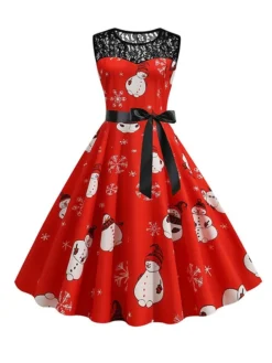 Women‘s Christmas Retro 1950s Vintage Dress Midi Dress Party Patchwork Bow Santa Claus Crew Neck Sleeveless Regular Fit Fall Winter 2023 Black Wine S M L XL -Fashion Life Shop mscwso1694501409039