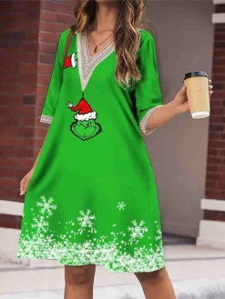 Women's Casual Dress Christmas Dress Winter Dress Snowflake Patchwork Print V Neck Midi Dress Fashion Streetwear Outdoor Christmas Half Sleeve Regular Fit Green Fall Winter S M L XL XXL -Fashion Life Shop msfifj1697194467842