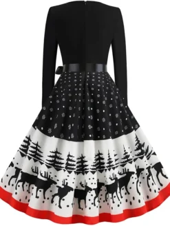 Women's Christmas Retro 1950s Vintage Dress Midi Dress Party Ruched Bow Elk Crew Neck Long Sleeve Regular Fit Fall Winter 2023 Black S M L XL -Fashion Life Shop mswcft1695363581643